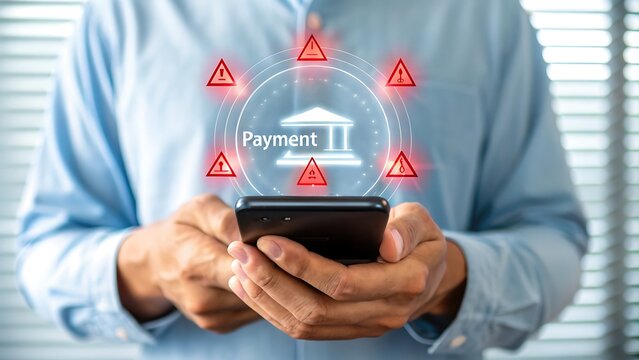 Man using smartphone with glowing payment icon and warning symbols - Powered by Adobe
