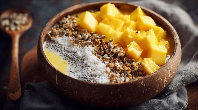 Smoothie bowl with mango presents a healthy vegan breakfast option. Use for advertising, social media, or blog content.