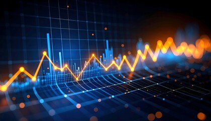Dynamic data visualization; glowing orange and blue graphs on a dark background.  Complex, digital chart display