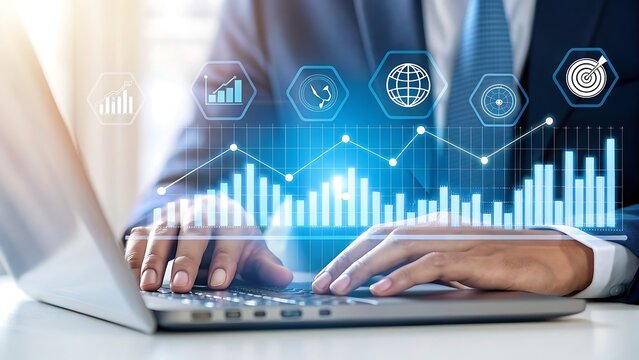 Businessman analyzing financial data with futuristic holographic interface and charts