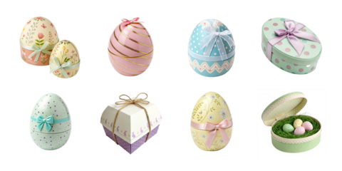 Colorful decorative Easter egg gift boxes with bows and spring floral designs in pastel shades on white background