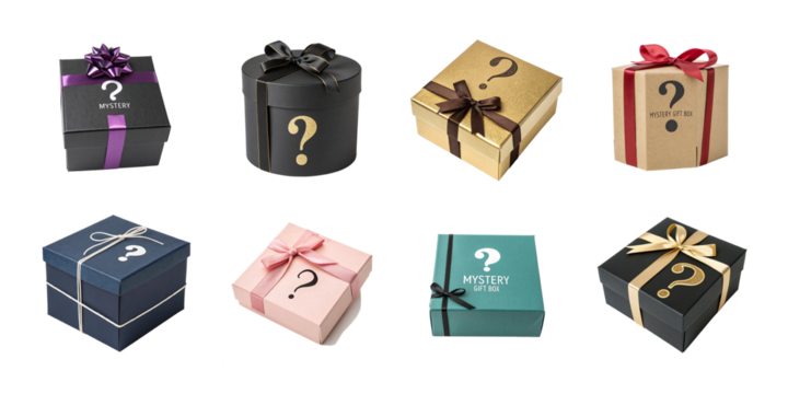 Variety of mystery gift boxes with question marks and colorful ribbons in assorted shapes and packaging styles on white background