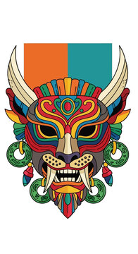 Colorful illustration of a Korean Dokkaebi mask with intricate details, horns, and vibrant patterns against a split orange and teal background.