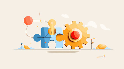 Abstract illustration of puzzle piece and gear in soft colors  