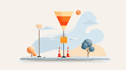 Traffic cone and warning sign in urban landscape with trees  