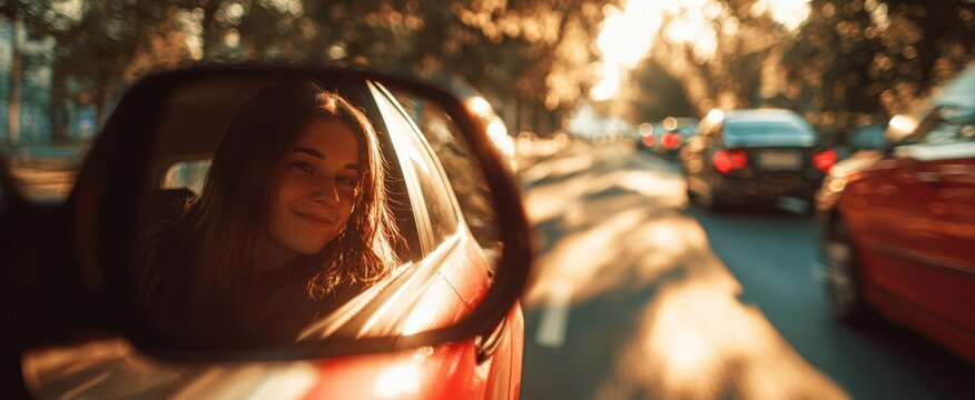 The Girl Reflecting Joyfully in a Car's Side Mirror During Sunset. - Powered by Adobe