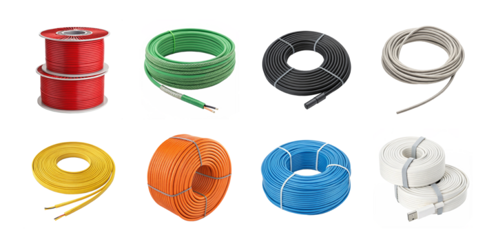 Assorted rolls of electrical and fiber optic cables in various colors and coil types for industrial and network applications on white background