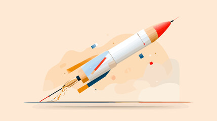Colorful rocket launching with motion lines on pastel background  