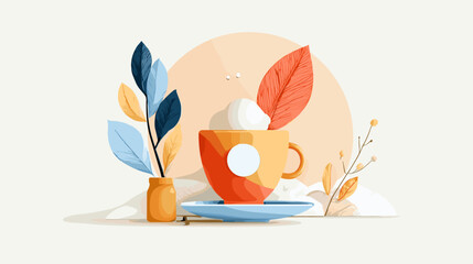 Colorful cup with leaves and ice cream on a pastel background  