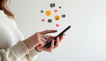 adult woman hand hold smartphone and use social media network application to check new feedback or interactive with people or friend by reply chat or send emoticon for react feeling and moment