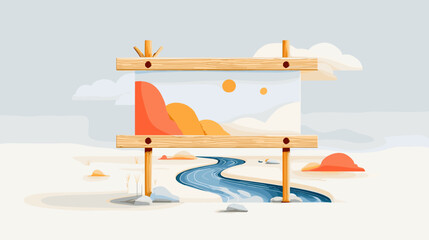 Scenic landscape illustration featuring a river and mountains  