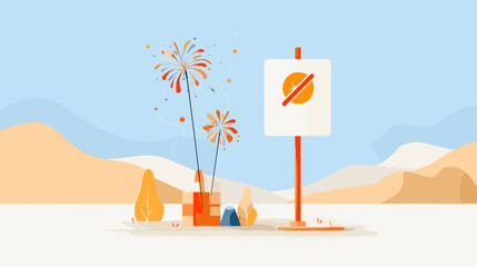 Colorful fireworks display near a no-entry sign in desert landscape  