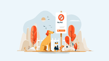 Cartoon animals sitting near no pets sign in autumn scenery  
