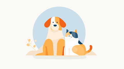 Dog and cat sitting together on light background with plants  
