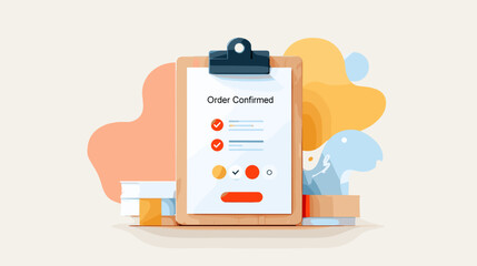 Order confirmation form on clipboard with colorful background design  