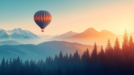 Obraz premium Hot air balloon adventure over mountain range shrouded in mist at sunset