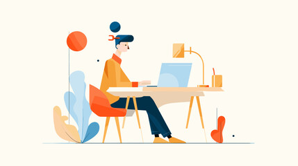 Young woman working on laptop at desk with plants and accessories  