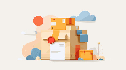 Stack of colorful cardboard boxes with clouds in a minimalist style  