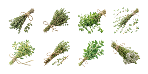 Assorted bundles of fresh green herbs tied with rustic string including thyme oregano marjoram and savory arranged for culinary use on white background