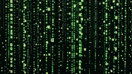 retro 8bit matrix code rain, green pixel squares falling, glitch noise scanline distortion, seamless loop, dark pixelated hacker aesthetic, VHS static, data stream animation, abstract VJ overlay, sci - Powered by Adobe