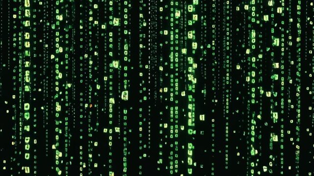 retro 8bit matrix code rain, green pixel squares falling, glitch noise scanline distortion, seamless loop, dark pixelated hacker aesthetic, VHS static, data stream animation, abstract VJ overlay, sci