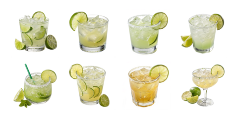 Collection of margarita cocktails with lime slices and ice in various glass styles including classic and flavored tequila drinks on white background
