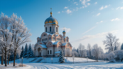 winter scene with a majestic Orthodox church against the backdrop of a snowy landscape.