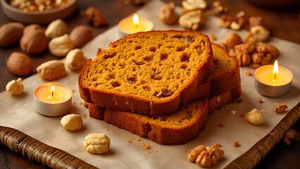 Two slices of spiced pumpkin bread surrounded by assorted nuts and lit candles on parchment paper.