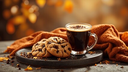 A cozy scene featuring chocolate chip cookies and a steaming cup of coffee on a dark tray, accented by a warm, textured blanket in the background.
