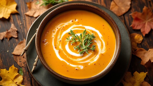 Creamy pumpkin soup garnished with herbs and cream, served in a rustic bowl surrounded by autumn leaves.