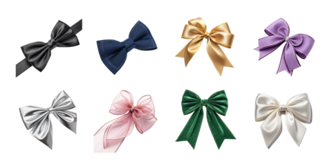 Set of decorative satin bows in various colors including black navy gold purple silver pink green and white isolated on white background