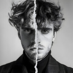 A portrait of a man is split vertically by a paper tear. One side presents a clean-shaven face, the other with stubble and freckles.