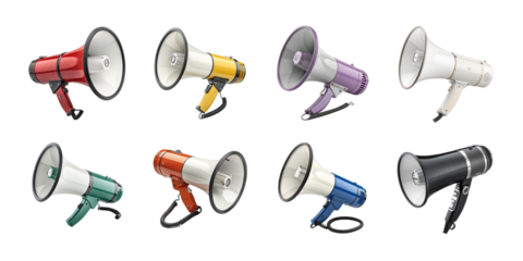 Collection of colorful megaphones in assorted styles and angles for communication, protest, or announcement themes on white background