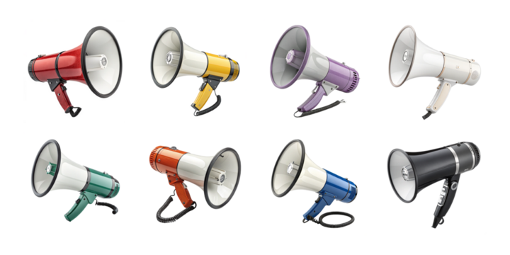 Collection of colorful megaphones in assorted styles and angles for communication, protest, or announcement themes on white background