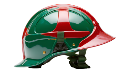  Firefighter Helmet in green and red on a white background