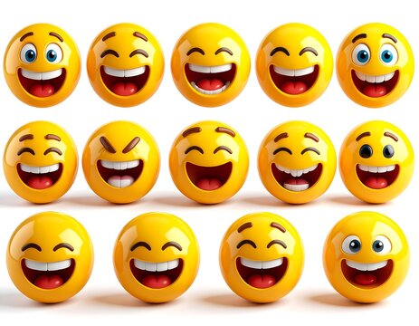 A vibrant collection of three-dimensional yellow emoticons expressing joy, laughter, and happiness. The concept of positive digital communication.