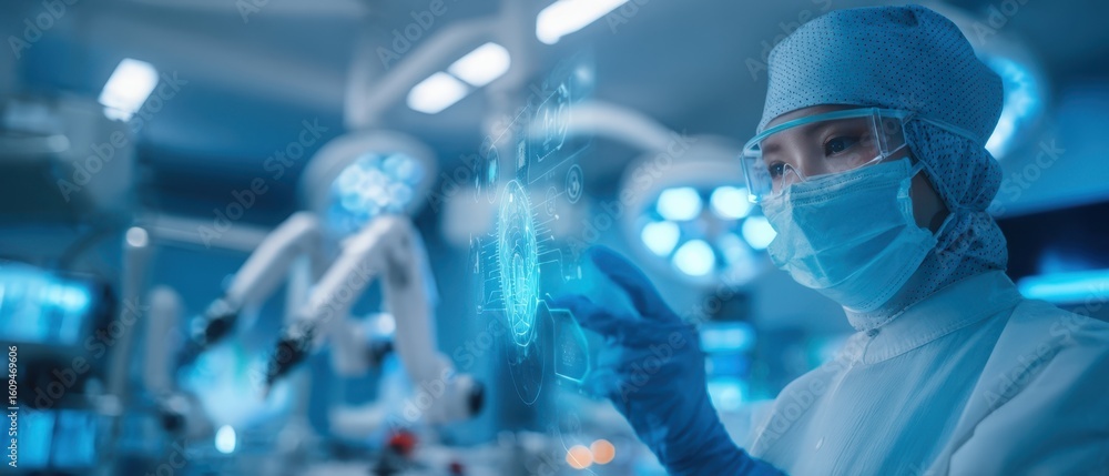 Poster the scientist interacting with advanced digital technology in a modern laboratory setting.