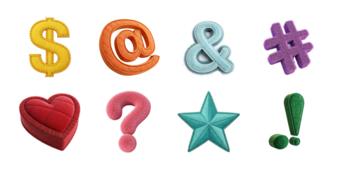 Set of colorful 3D stitched symbols and punctuation marks including dollar sign, ampersand, hashtag, star, heart, and more on white background