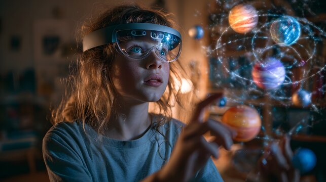 Child using augmented reality (AR) glasses to learn about the solar system, interacting with a glowing hologram in their bedroom.
- Powered by Adobe