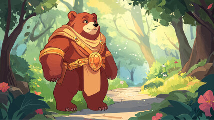 Cartoon bear adventurer walking through a magical forest in golden sunlight