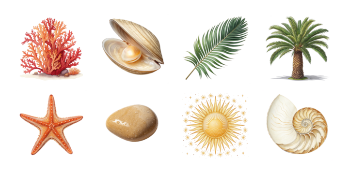 Tropical beach element collection featuring coral pearl shell palm leaf starfish sun fossil and stone illustrations on white background