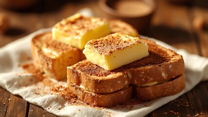 Golden toasted bread topped with melting butter squares and sprinkled with cinnamon on a white napkin.