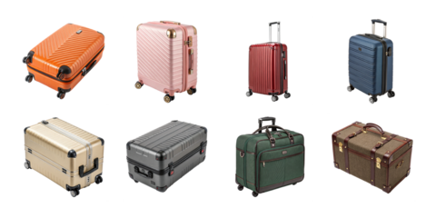 Set of colorful travel suitcases and trolley bags in various materials and sizes arranged on white background