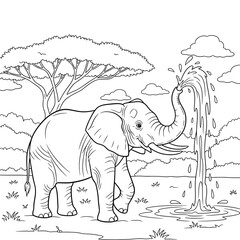 Playful Elephant Spraying Water from Trunk — Cute Cartoon Line Art Drawing for Kids Coloring Book Featuring Wildlife in Savannah