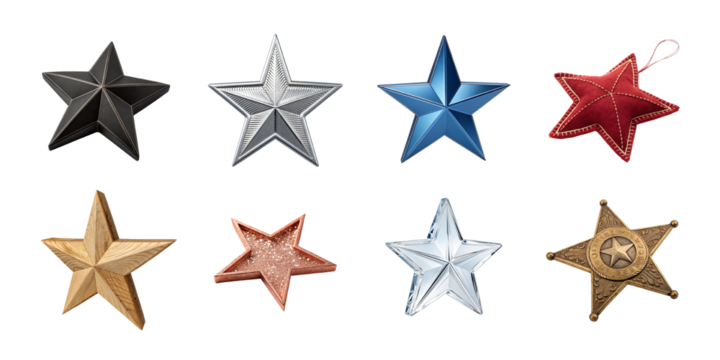 Collection of metallic 3D stars in various colors and textures for decoration and design on white background