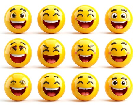Collection of happy and laughing yellow emoji faces with expressive eyes and wide smiles, representing joy and positive emotions.