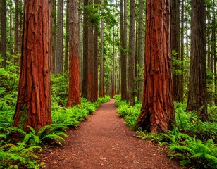 Obraz premium A path winds through a lush forest of tall redwoods
