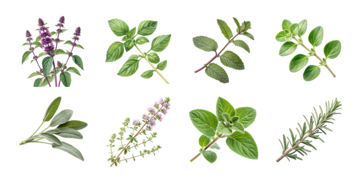 Collection of fresh herbal plants including mint, basil, thyme, rosemary, sage, and oregano isolated on white background