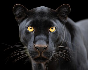 Black cat power pose at twilight A striking black panther with bright yellow eyes. black cat power pose cinematic rooftop