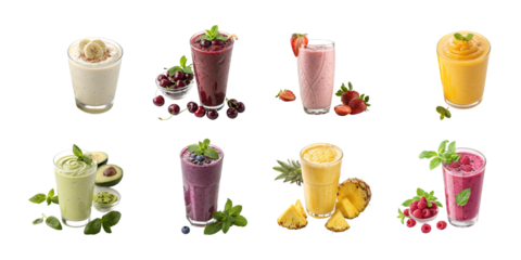 Variety of fresh fruit smoothies in glasses with ingredients including banana, berry, mango, avocado, pineapple, raspberry, and mint